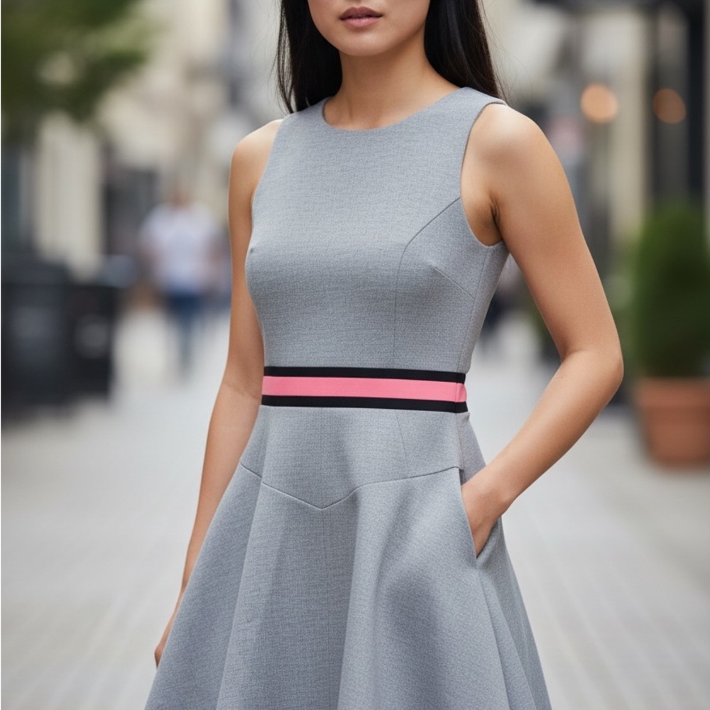 Milly NY Silver Metallic Fit & Flare Midi Dress Pink Waistband Size 6
